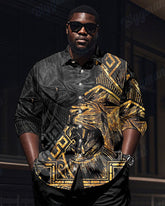 Men's Plus Size Black Color Block Vintage Lion Print Long Sleeve Shirt Trousers Suit